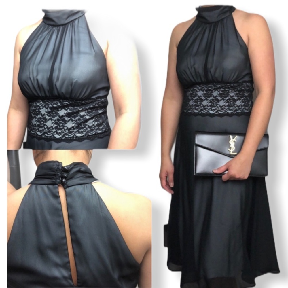 Connected Apparel Black/Blue High Neck Laced Chiffon Midi Dress Size 6